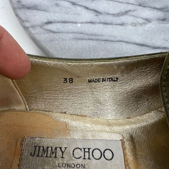 Jimmy Choo Womens 38 Loafer Moss Green Suede Slip On Patent Leather Cap Toe - Picture 11 of 14